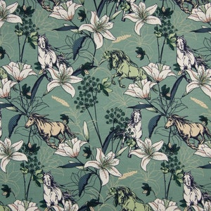 Summer French Terry 3D Horses Flowers Dusty green