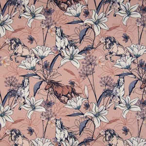 Summer French Terry 3D Horses Flowers Dusty Pink