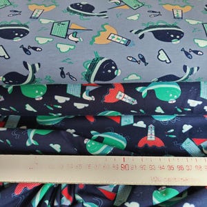 Jersey light blue, navy whales with light tower Oeko-Tex certified