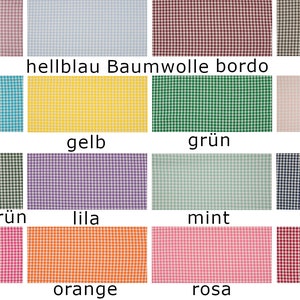 Könnte beinhalten: Eine Tabelle mit 16 verschiedenen Farben von Gingham-Stoff. Die Farben sind: altrosa, hellblau, Baumwolle, bordo, braun, aqua, gelb, grün, lachs, Flaschengrün, lila, mint, navy, fuchsie, orange, rosa und rot.