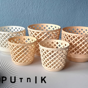 May include: Five ceramic planters in varying sizes, featuring a lattice design. The planters are in shades of cream and beige, with a white planter on the left. The background is a textured blue wall.
