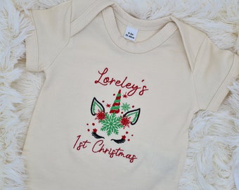 Body Babybody Langarm Mädchen 1st Christmas, erstes Weihnachten mit Name bestickt