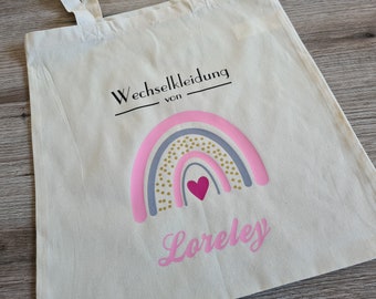 Wechselkleidung Kita Kindergarten Schule Regenbogen Rosa Stoffbeutel Stofftasche Turnbeutel personalisiert Name