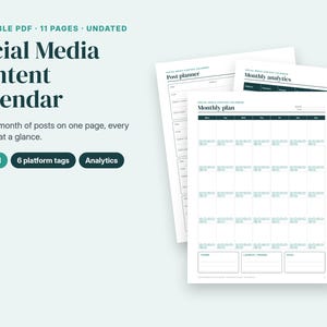 Könnte beinhalten: Ein druckbarer PDF-Social-Media-Inhaltskalender mit 11 Seiten. Das Dokument enthält Abschnitte für einen Monatsplan, einen Beitragsplaner und monatliche Analysen mit dunklem Text auf weißem Papier. Der Text lautet Social Media Content Calendar.