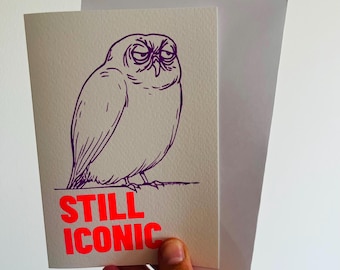 Divertida tarjeta de cumpleaños con un búho – Un icono aún vigente | Serigrafía hecha a mano | Rosa neón y morado | Tarjeta de felicitación A6