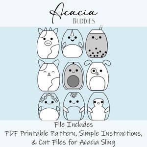 May include: A set of nine printable patterns for making plush toys. The patterns are black and white line drawings of various animals, including a cow, narwhal, boba tea, cat, avocado, dog, dinosaur, penguin, and an owl. The patterns are titled "Acacia Buddies" and include instructions for making the toys.