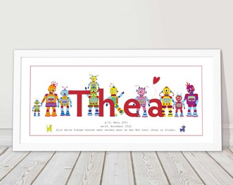 Children's picture with name, personalized gift, birth baptism, baptismal gift, 1st birthday, name picture, baptismal picture, robot