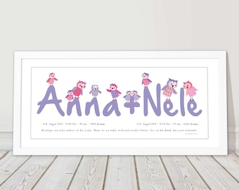 Babygeschenk Geburt Zwillinge Mädchen Taufe Bild mit Namen Kinderzimmerbild Namensbild personalisiert