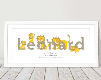 Picture with name and dates personalized birth gift lion