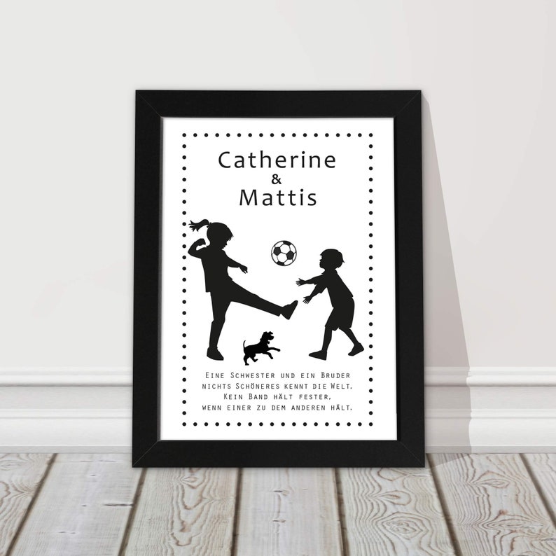 Children's room picture, name siblings, personalized, name picture with frame birth gift, christening gift, football image 1
