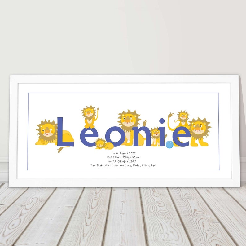 Picture with name and dates personalized birth gift lion blau