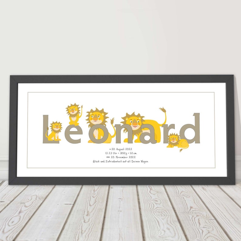 Picture with name and dates personalized birth gift lion image 2