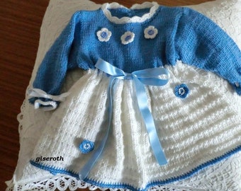 Babykleid Kinderkleid vintage gestrickt Gr. 62/68 weiß/blau