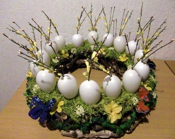 Osterkranz Frühlingskranz Eierkranz wiederverwendbar Holz Blumen Eier