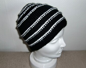 Mütze mit Fleece Skimütze Strickmütze Winter Wolle schwarz mit weißen Streifen