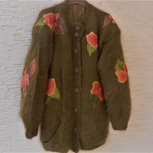 Vintage Strickjacke Mohairjacke Jacke mit Seidenbumen oliv Gr. 44/46 Mohairgarn Bild 1