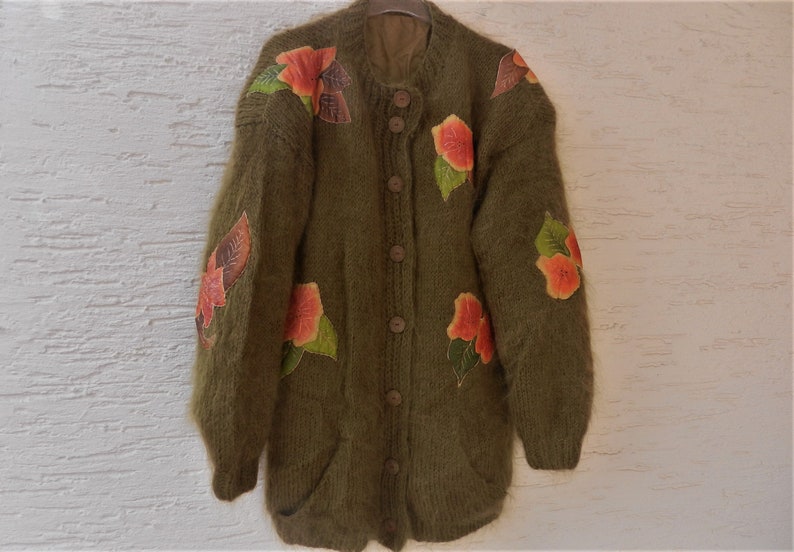 Vintage Strickjacke Mohairjacke Jacke mit Seidenbumen oliv Gr. 44/46 Mohairgarn Bild 1