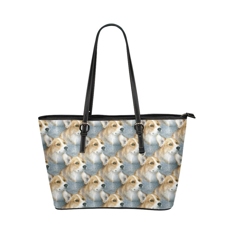 Leather tote bag Dog 89 Corgi blue art painting L.Dumas Tote Bag Dog art tote bag