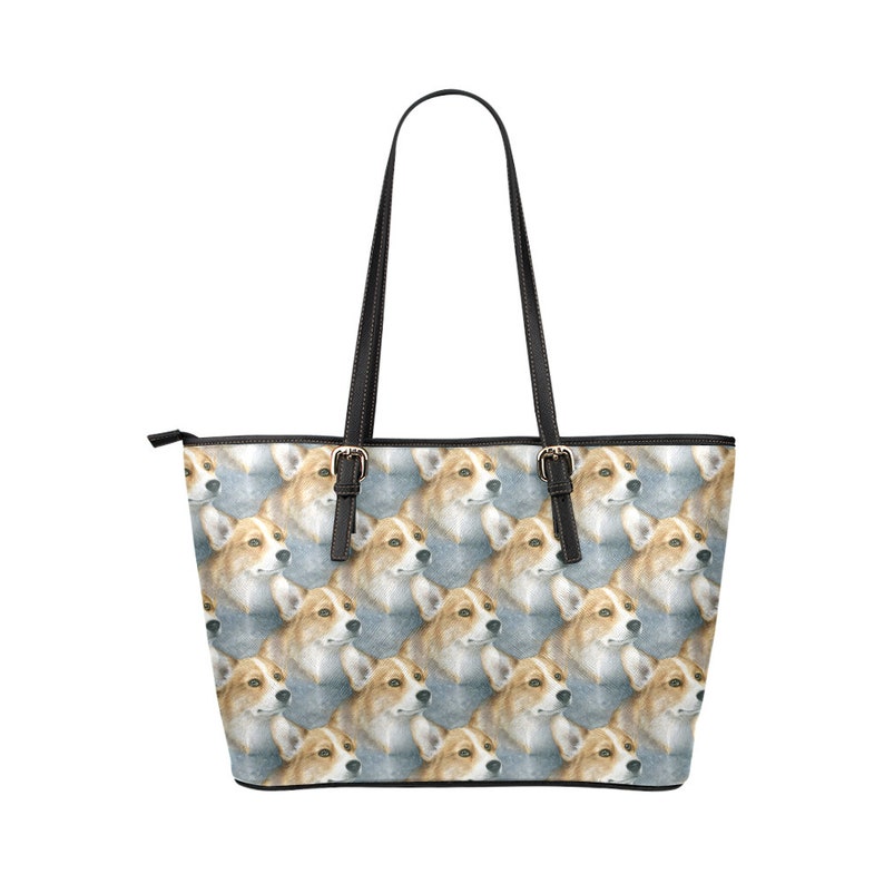 Leather tote bag Dog 89 Corgi blue art painting L.Dumas Tote Bag Dog art tote bag