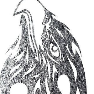 May include: A black and white tribal design tattoo with a stylized bird head and flowing lines.
