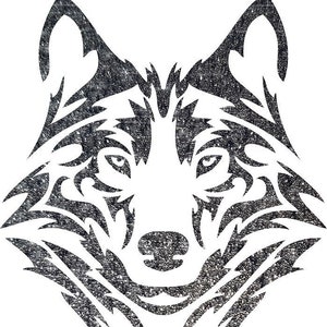 Può includere: Design di testa di lupo in stile tribale in bianco e nero con uno sfondo strutturato.