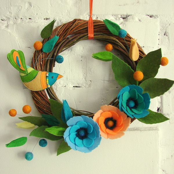 Felt flower wreath Bright Summer wreath Modern colorful wreath All season wreath Handmade felt wreath Farmhous wall decor Every day wreath