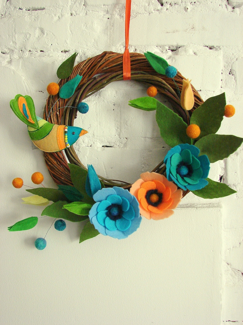 Felt Flower Wreath Bright Summer Wreath Modern Colorful Wreath Etsy