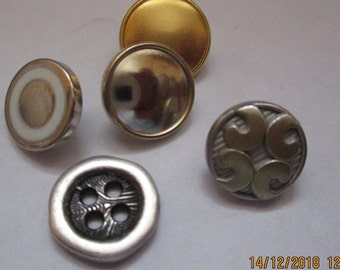 5 types of small buttons, 10 pieces each, 10 and 11 mm, metal button, shank button, 4-hole button, brass, metal silver