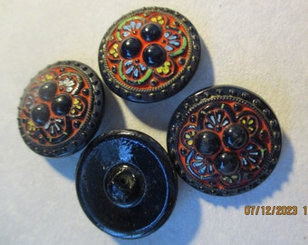 4 colored metal buttons, ethnic red, green and blue on black, traditional costume, jacket, blazer, 2.2 cm, vintage, eyelet