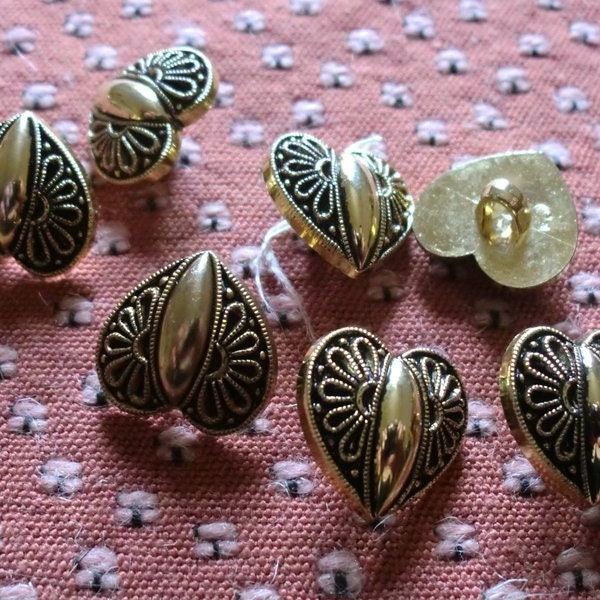 Heart buttons, looks like brass, 5x 1.7 cm high, decorative button, decoration, DIY, sewing