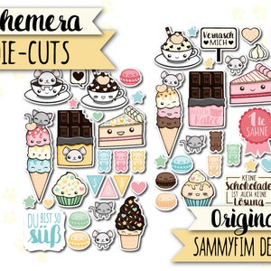 Könnte beinhalten: Ein Set mit bunten Stanz-Stickern mit niedlichen Comic-Tieren, Desserts und Text in deutscher Sprache. Die Sticker beinhalten eine Katze, eine Maus, Eiswaffeln, Cupcakes, Kuchen, Schokolade, Macarons und mehr. Der Text auf den Stickern lautet "Vernasch mich", "Nasch Katze", "1 te Sahne", "Du bist so süß" und "Keine Schokolade ist auch keine Lösung".