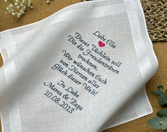 Hochzeitsgeschenk für die Braut von den Eltern, personalisiertes, besticktes Stofftaschentuch für die Freudentränen