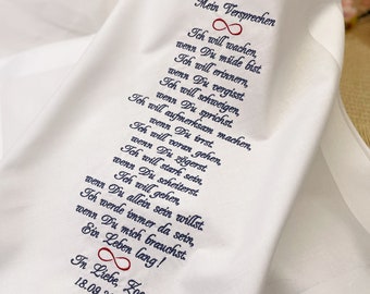 Wedding gift for bride and groom; noble, embroidered fabric handkerchief with wedding promises