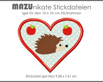 Stickdatei Igel - Herz  - Applikaton Stickrahmen 10 x 10 cm