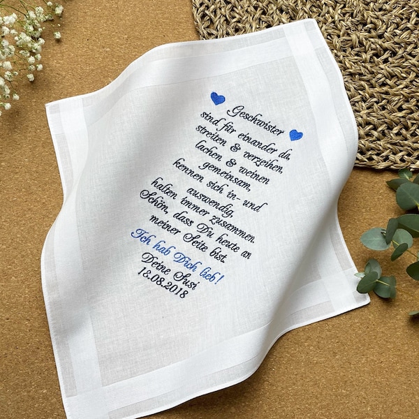 Besticktes Stofftaschentuch, personalisiert für den Bruder oder die Schwester der Braut oder des Bräutigams.