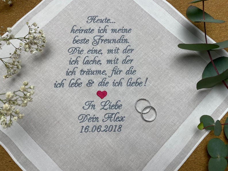 Personalisiertes Stofftaschentuch zur Hochzeit für Braut und Bräutigam, Hochzeitsgeschenk Bild 2