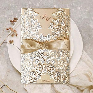 Wedding Invitation, lace, laser cut, ivory image 1