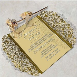 Gold mirror wedding invitation, plexiglass with engraved content