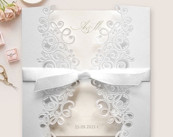 Wedding invitations Laser cut ornament with pearl embellishment, satin ribbon