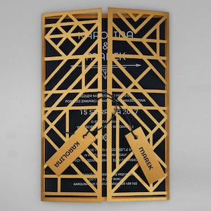 Wedding invitation, openwork laser cut in gate form, white printing, labels with names