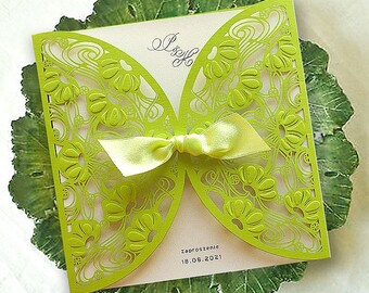 Wedding Invitations Filigree laser cut, embossing, pearl inlay, satin ribbon