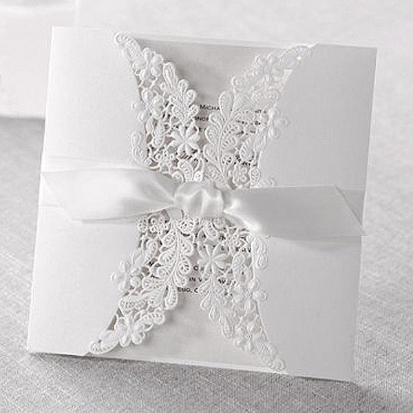 Wedding invitations Intricate lace laser cut, embossing, satin ribbon