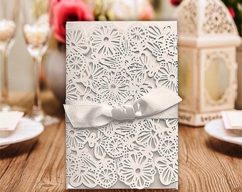 Wedding Invitations Filigree laser cut, pearl inlay, tied with satin ribbon