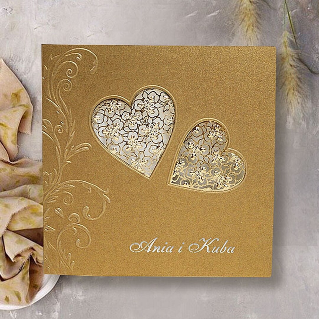 Wedding Invitation Stamping Hearts Laser Cut With Real Gold pic