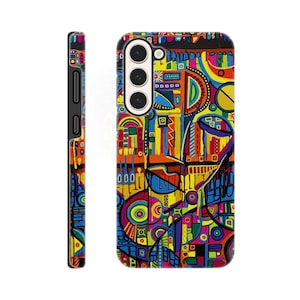 Può includere: Una custodia per telefono colorata con un design astratto. La custodia presenta un vivace mix di colori tra cui blu, giallo, arancione e rosso. Il design include forme geometriche e linee. Il lato della custodia è nero.