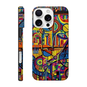 Può includere: Custodia per telefono colorata con un design astratto in colori vivaci tra cui blu, giallo, rosso e arancione. La custodia ha una finitura lucida e un design protettivo. La custodia è mostrata frontalmente e lateralmente.