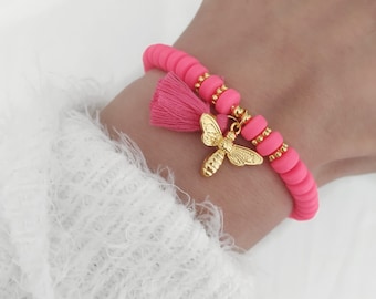 Bracciale di perle Bine Perle polimeriche dorate Bracciale rosa neon Scelta di colori