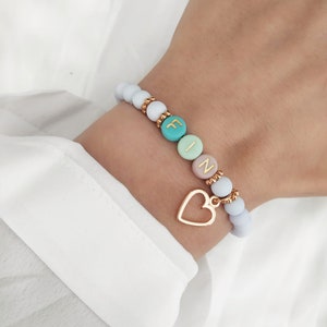 Bracelet acrylic beads light blue initials rose gold heart filigree desired initials bracelet initial bracelet