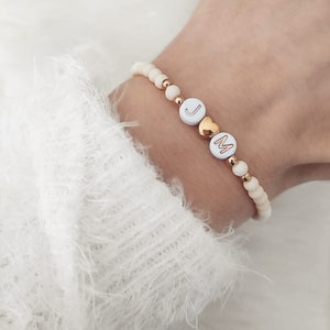 Nombre pulsera cuentas corazón beige oro rosa letras de deseo letras pulsera de perlas pulsera inicial de nacimiento