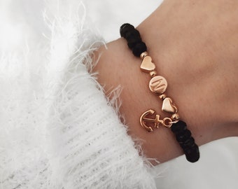 Bracelet Initial Bracelet Heart Anchor Rose Gold Letter Initial Pearl Bracelet Bracelet